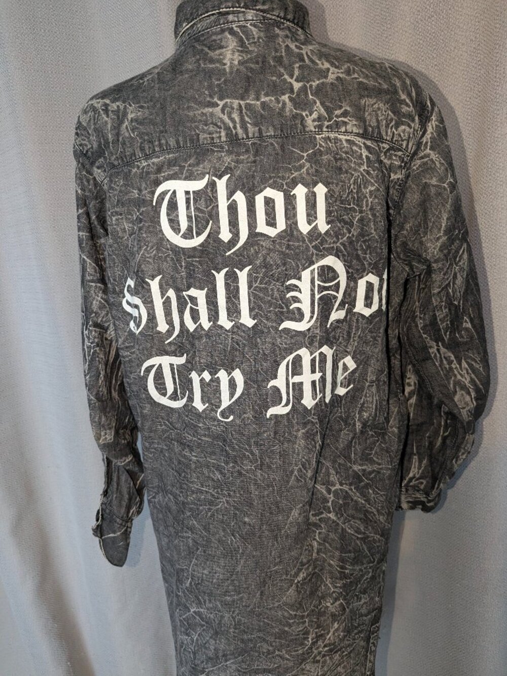 Kroix Gray Acid-Wash Lightweight Shirt Jacket with White Gothic Back Print